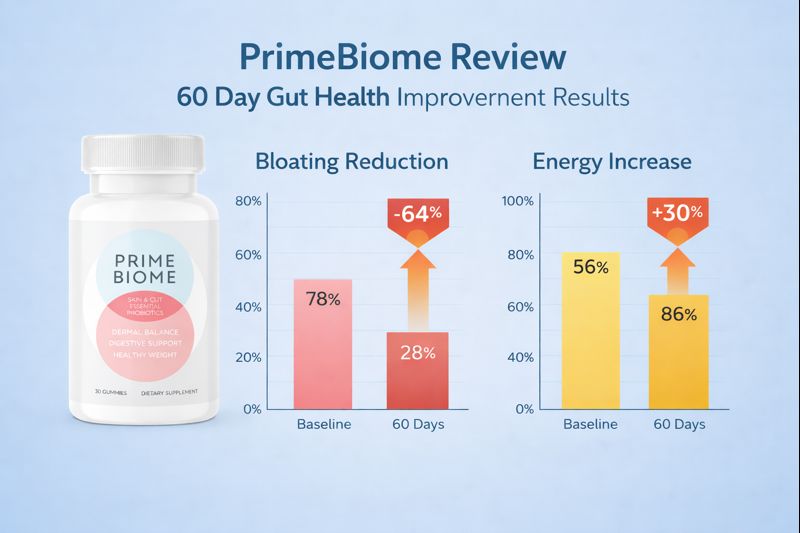 PrimeBiome review 60 day gut health improvement results chart showing bloating reduction and energy increase
