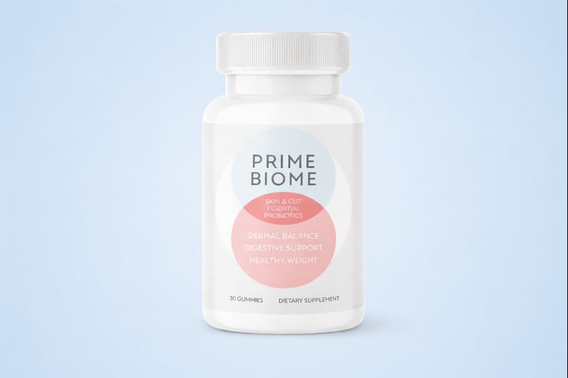 PrimeBiome review bottle showing probiotic supplement with 12 strains for gut health