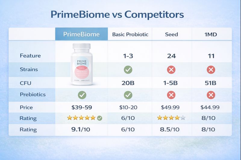 PrimeBiome review comparison table with other probiotic supplements showing strains CFU and pricing